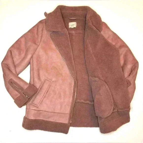 LOFT Women’s Pink Faux Suede Moto Aviator Sherpa Jacket Size- M - Picture 9 of 11